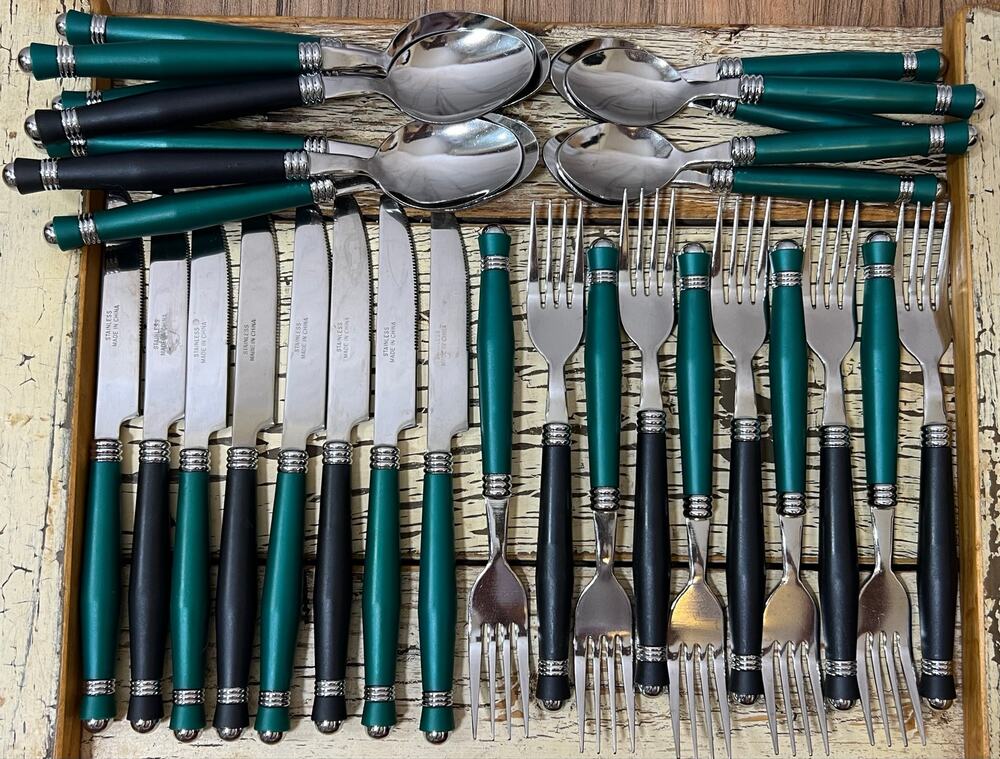 30 Pc Bistro Flatware Set Teal Green Black Handles Stainless Steel Silverware